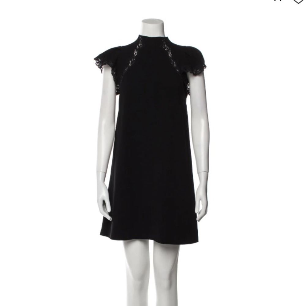 Rebecca Taylor Black Mini Dress with Mock Neck and Lace Trim Embellishment